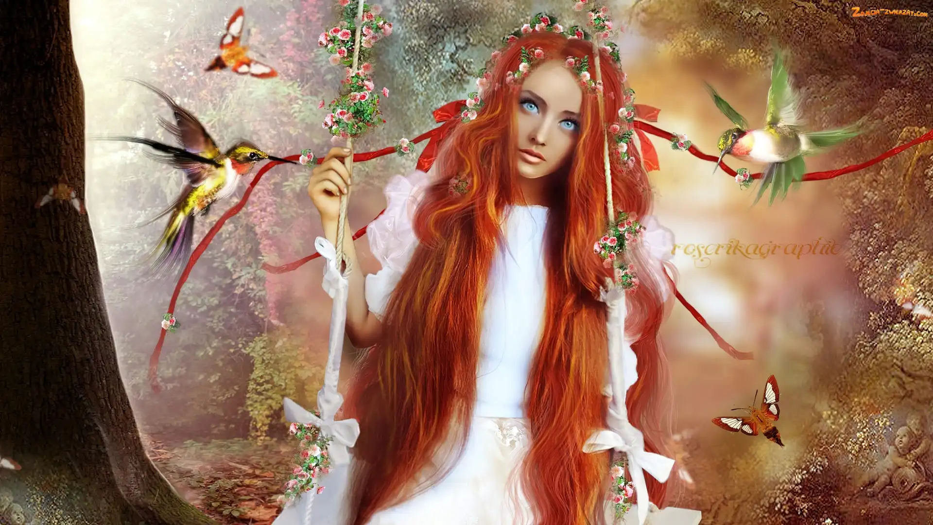 Kobieta, Huśtawka, Fantasy, Ptaki