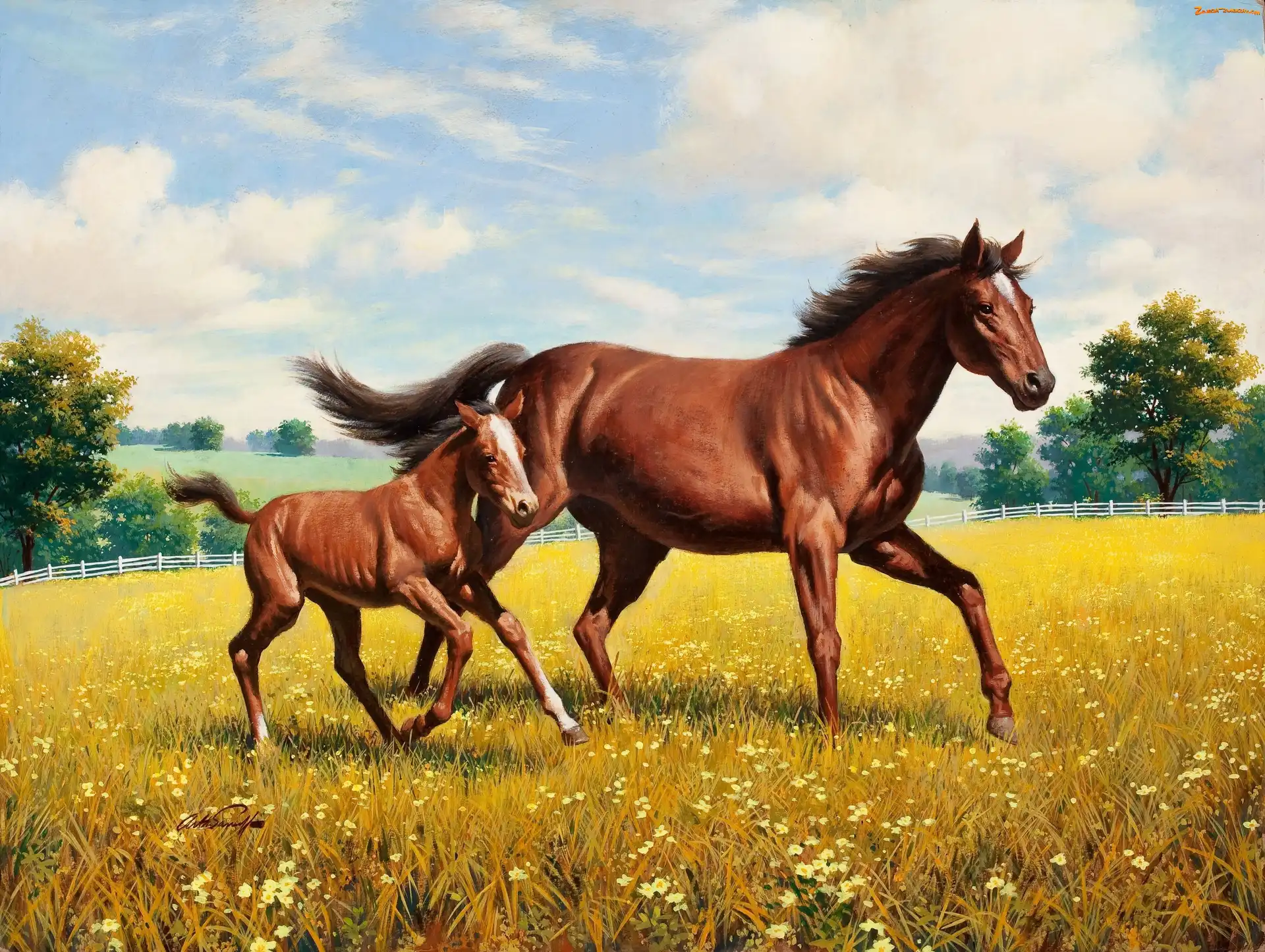 Łąka, Koń, Arthur Saron Sarnoff, Obraz, Źrebak, Malarstwo