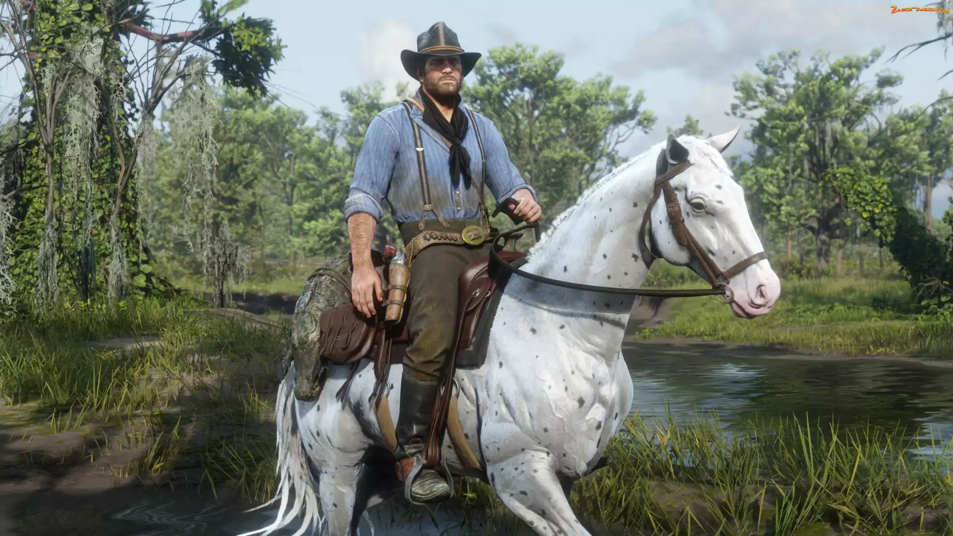 Mężczyzna, Gra, Drzewa, Rzeka, Red Dead Redemption 2, Koń