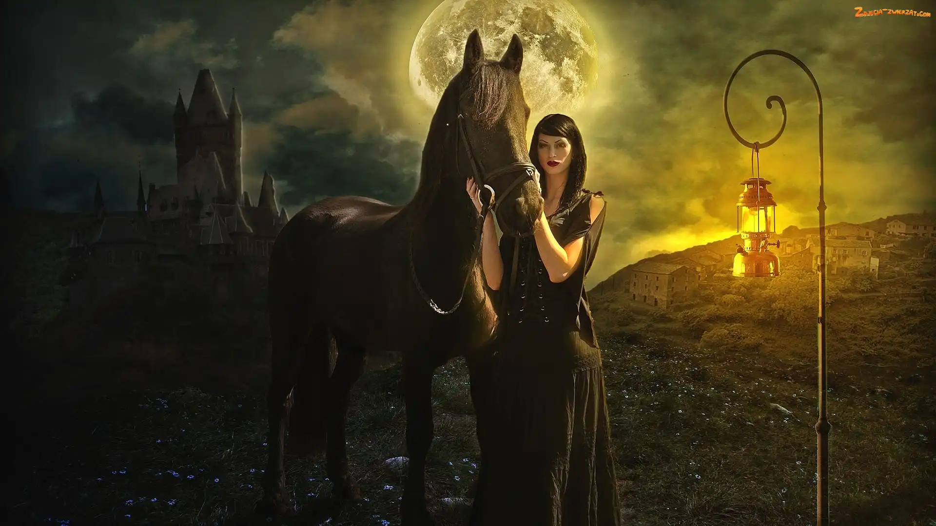 Lampa, Koń, Fantasy, Zamek, Księżyc, Brunetka, Domy