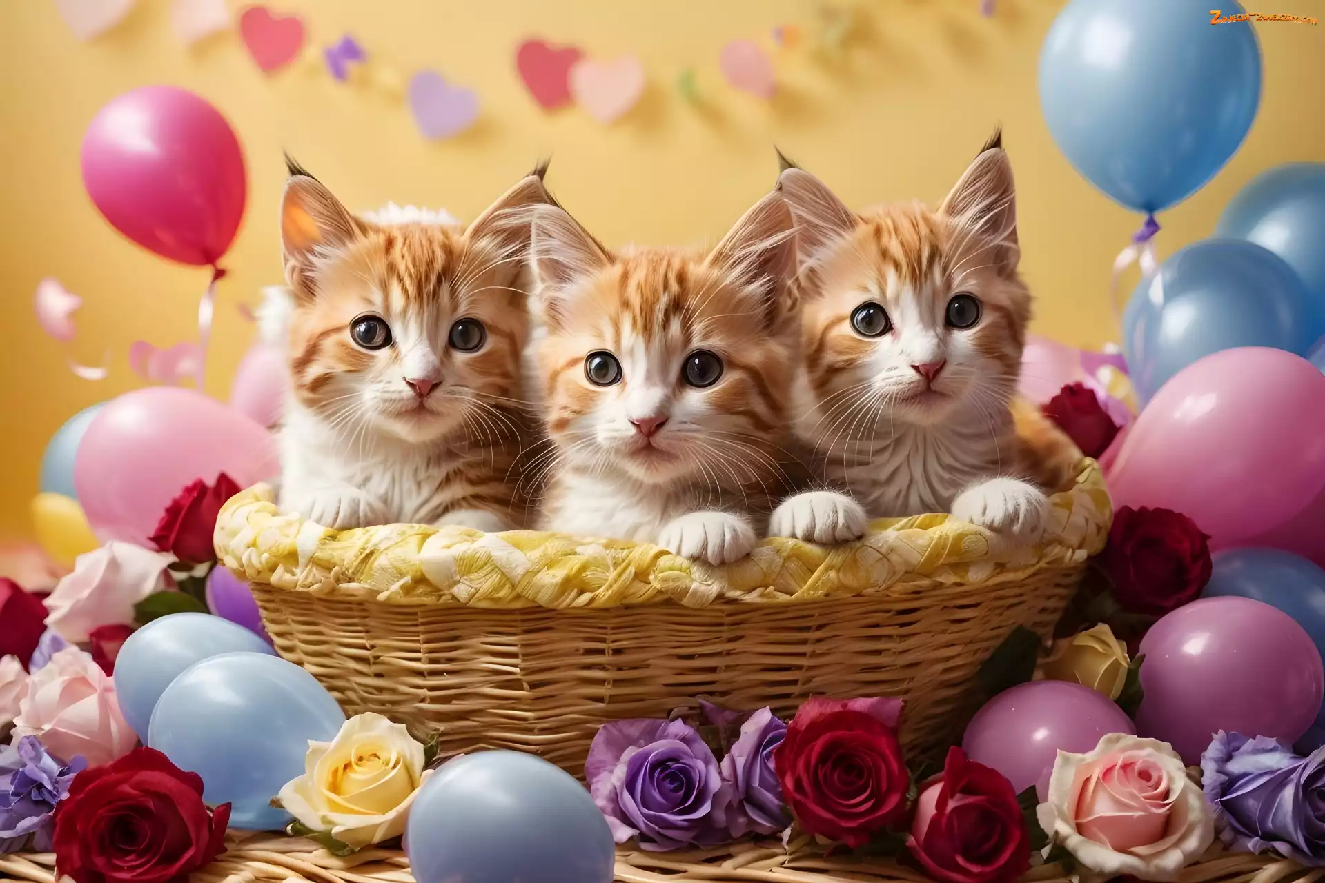 Balony, Trzy, Małe, Koszyk, Grafika, Koty, Kwiaty