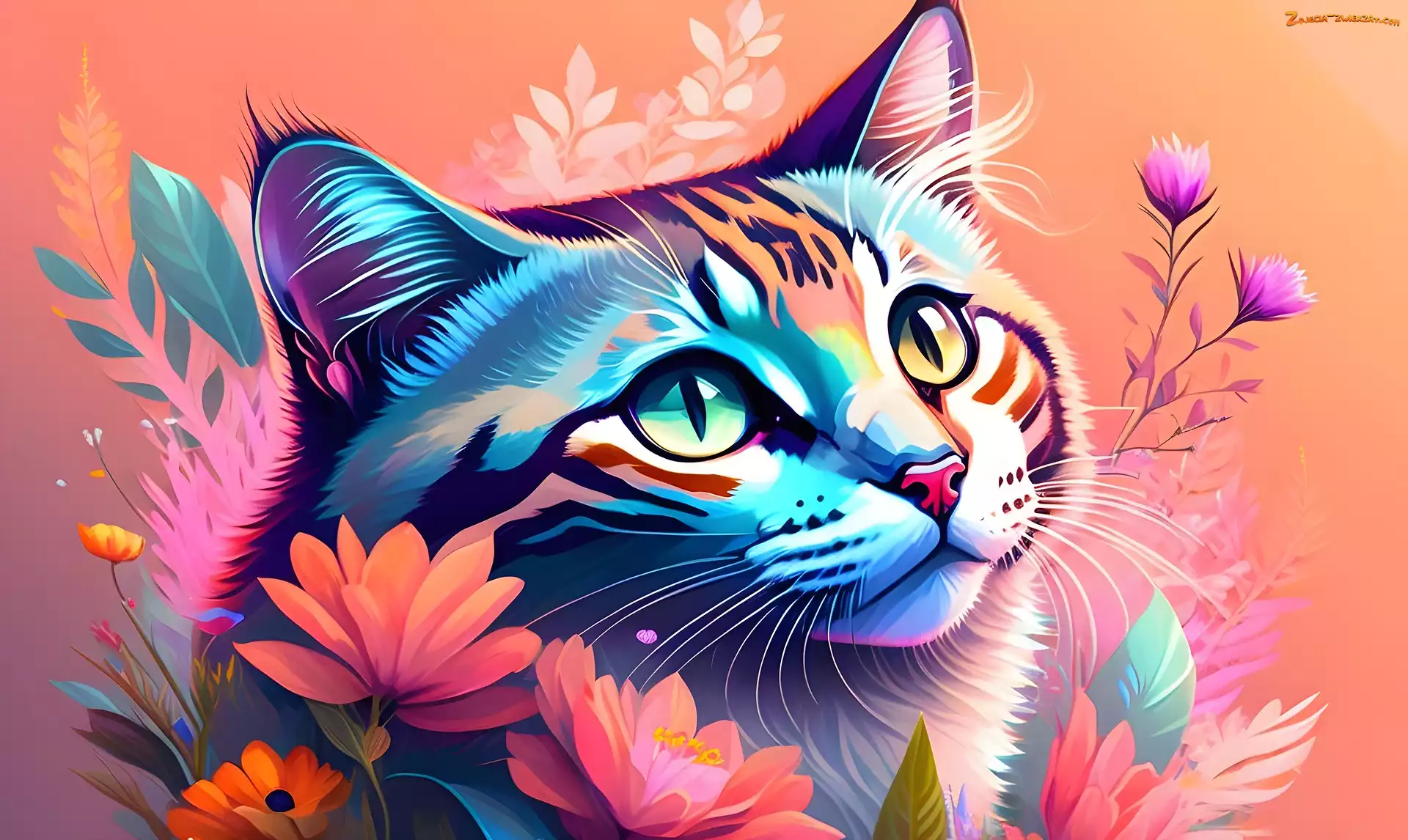 Grafika 2D, Oczy, Kot, Głowa, Kolorowe, Kwiaty