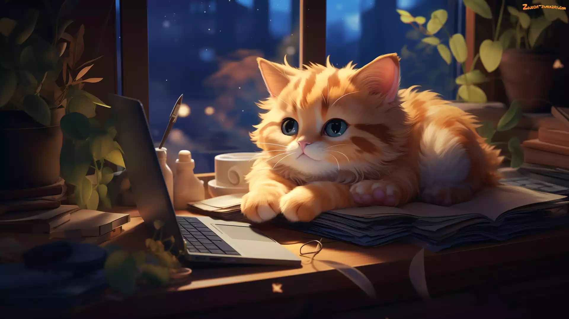 Grafika, Biurko, Mały, Kotek, Okno, Laptop