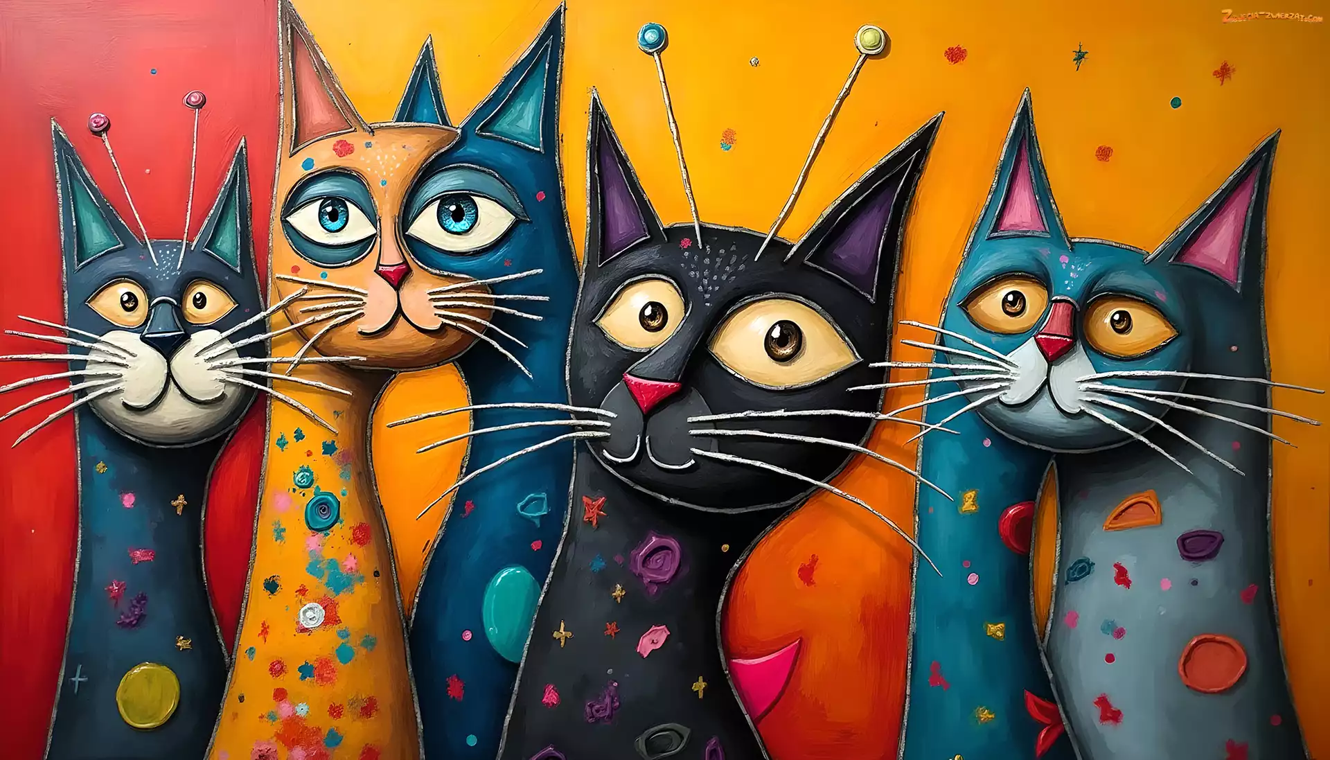 Kolorowe, Cztery, Grafika, Koty
