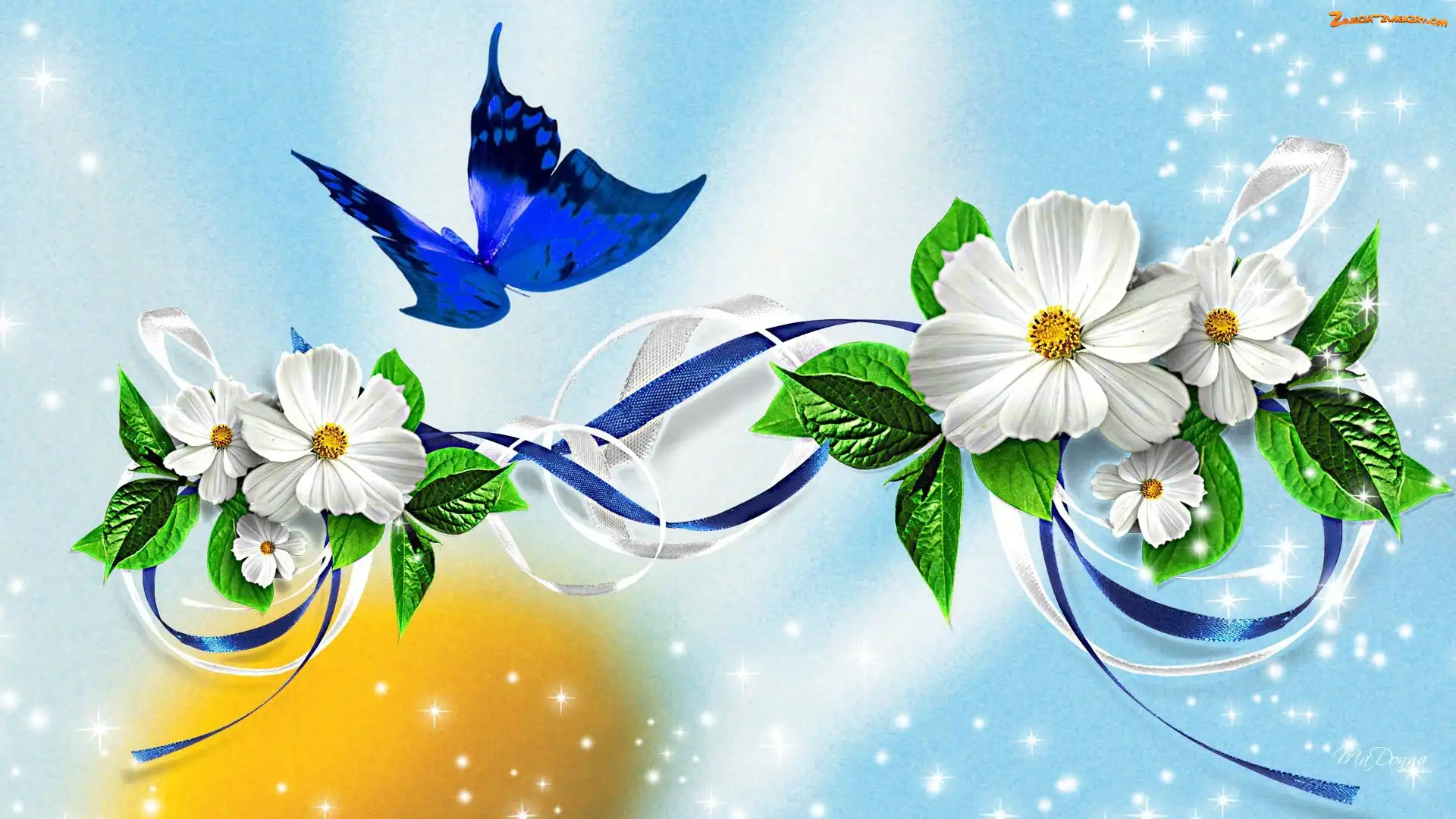 Kwiatki, Motyl, Grafika, Niebieski