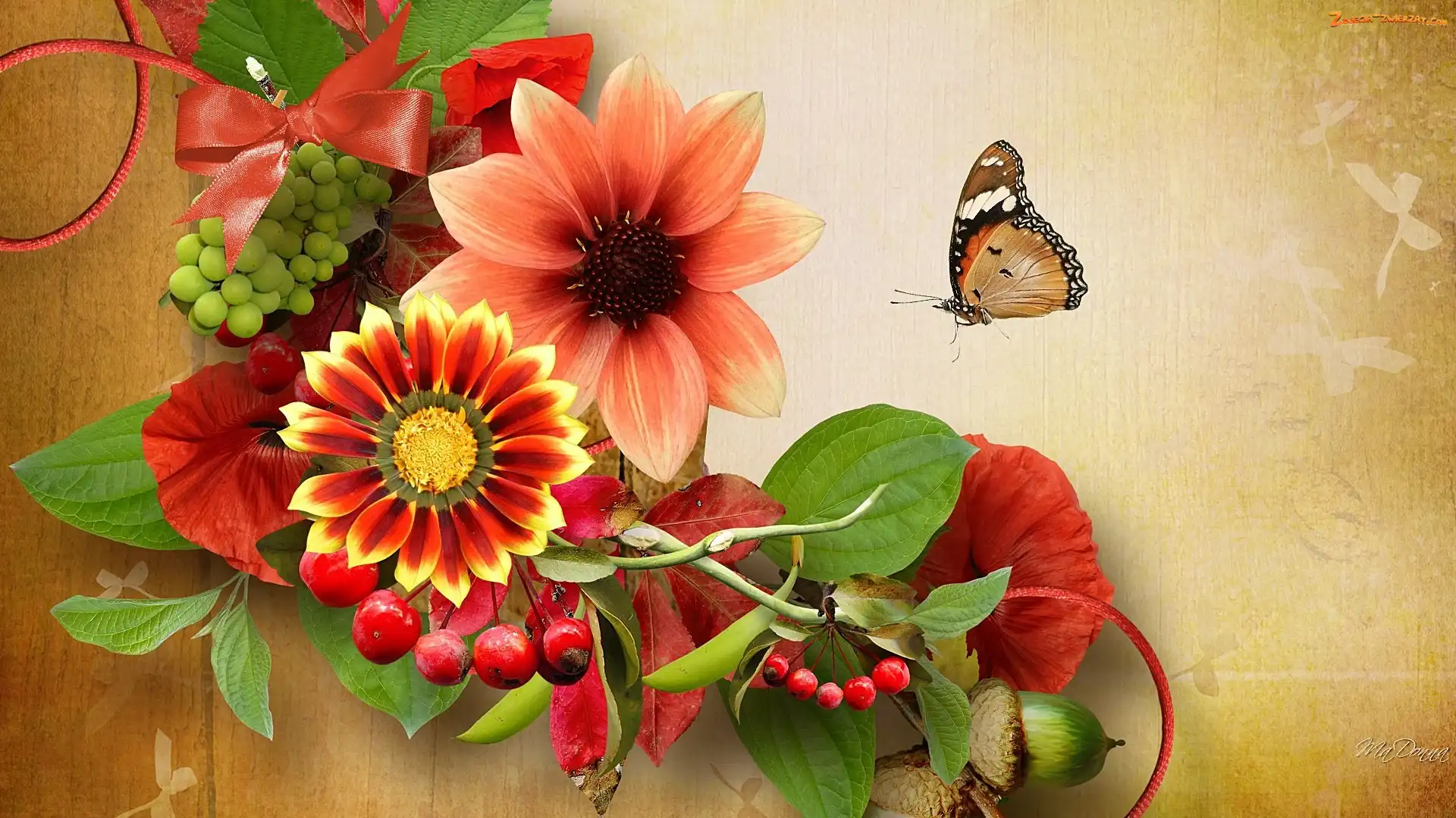 Kwiaty, Art, Jesienne, Motyl