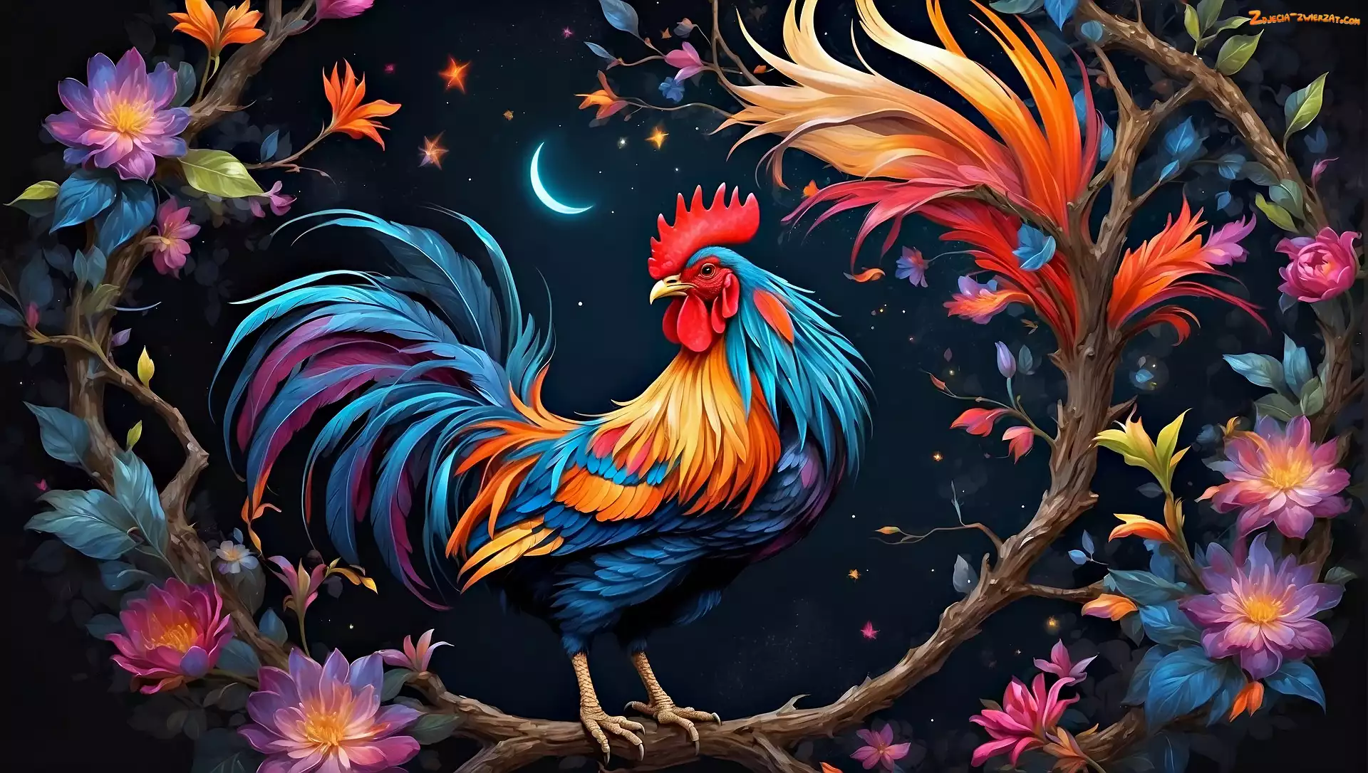 Kogut, Kolorowy, Grafika, Kwiaty
