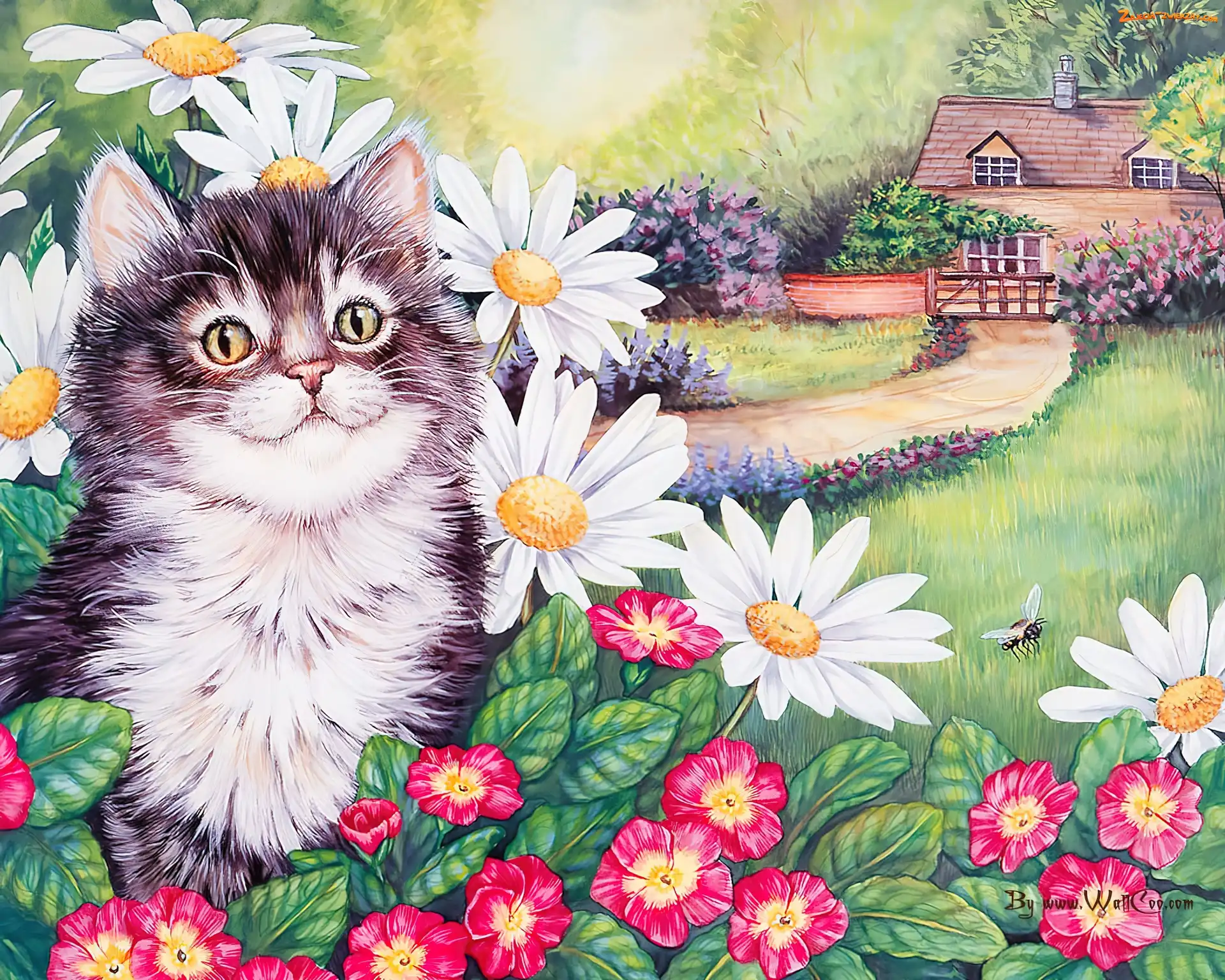 Kot, Kwiaty, Rysunek, Dom