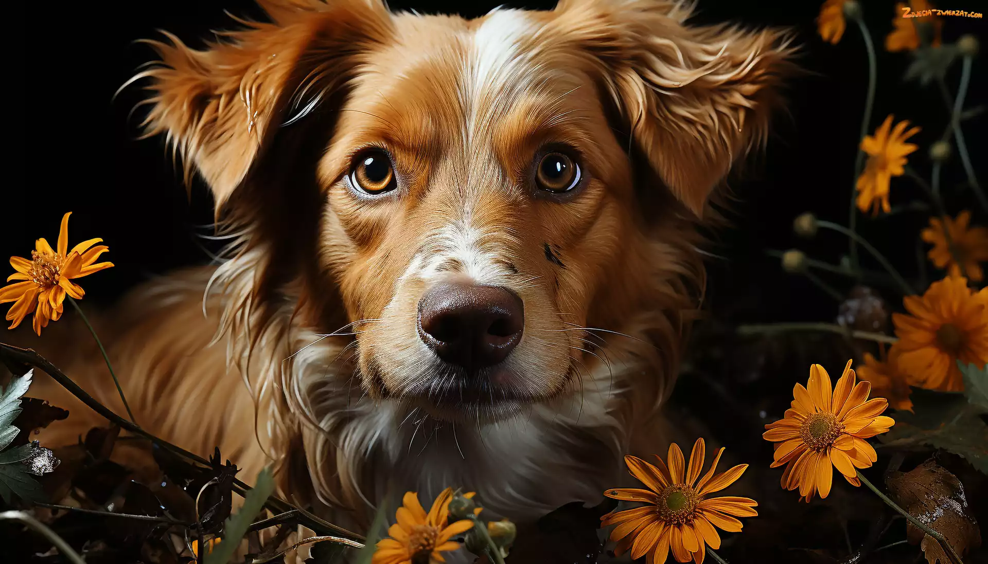 Pies, Pomarańczowe, Grafika, Kwiaty