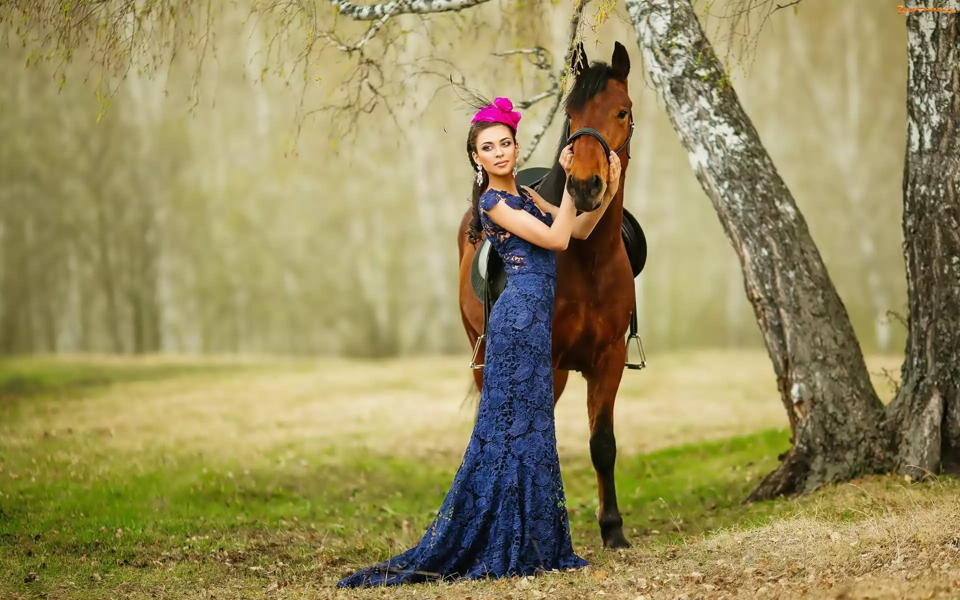Las, Polana, Modelka, Kobieta, Koń