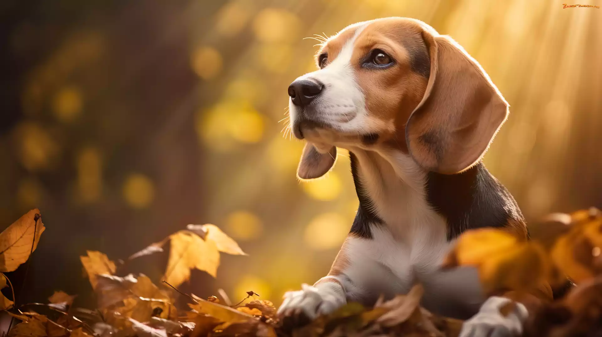 Pies, Beagle, Jesień, Liście