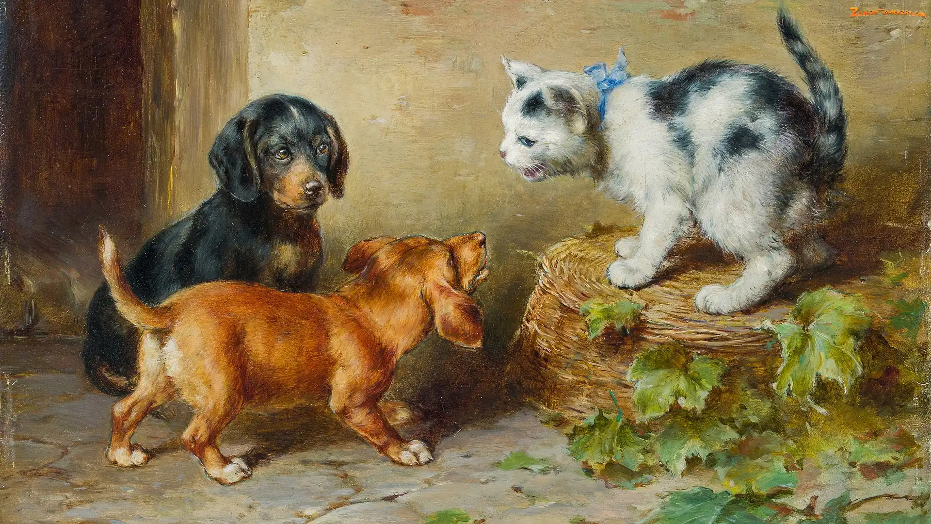 Koszyk, Carl Reichert, Malarstwo, Obraz, Psy, Kot