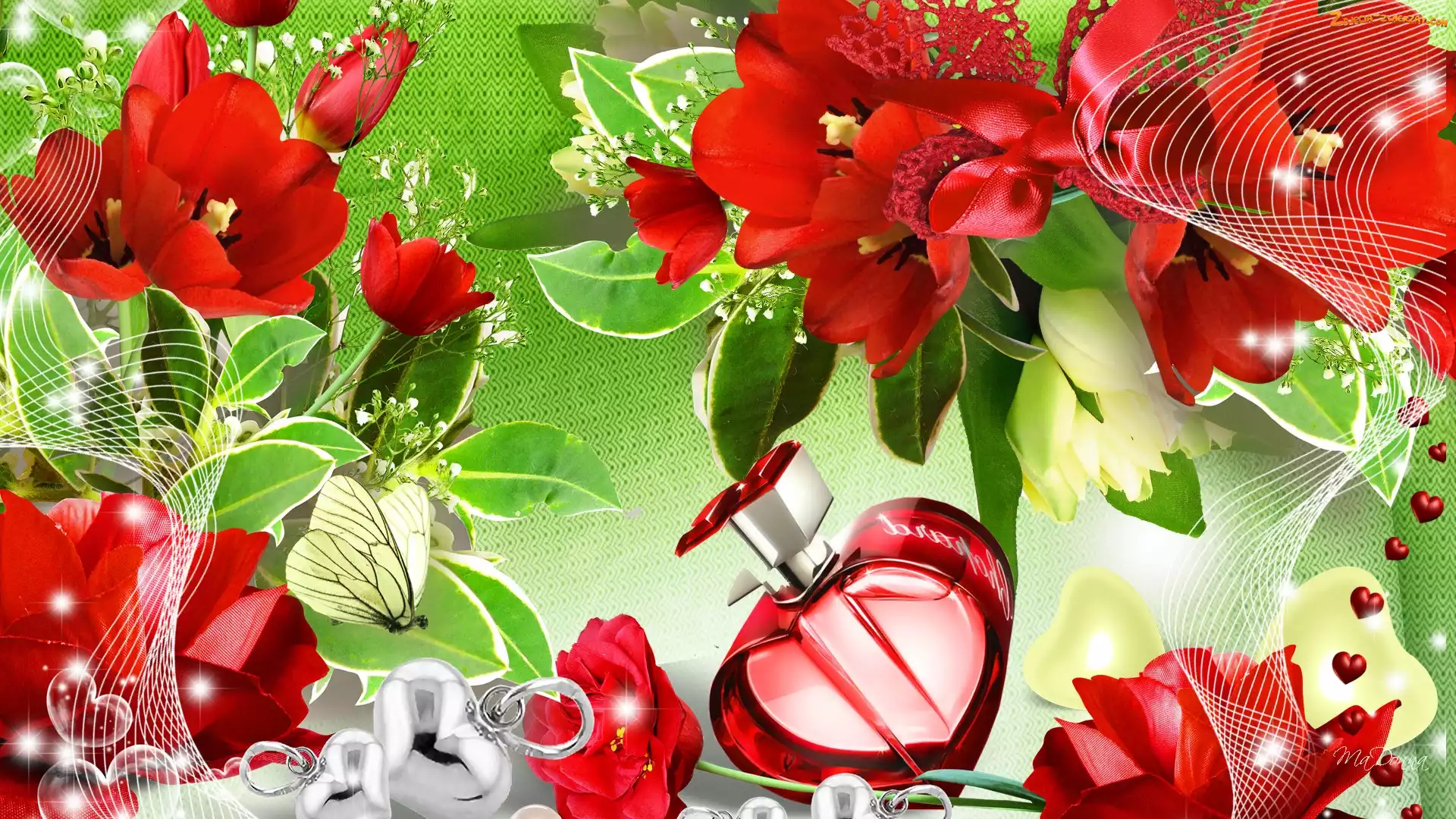 Motyl, Czerwone, Art, Serce, Tulipany, Flakonik