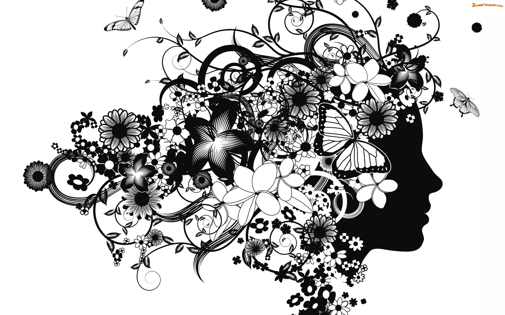 Motyle, Grafika, Kobieta, Kwiatki