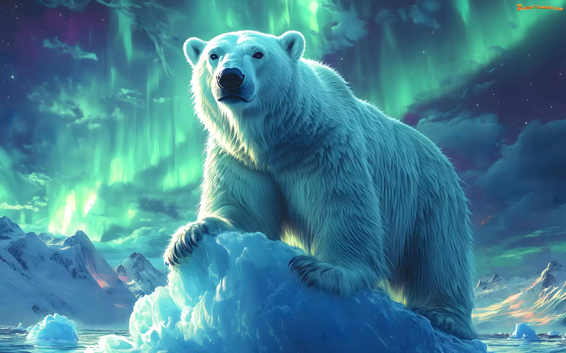 Grafika, Niedźwiedź, Zorza polarna, Polarny
