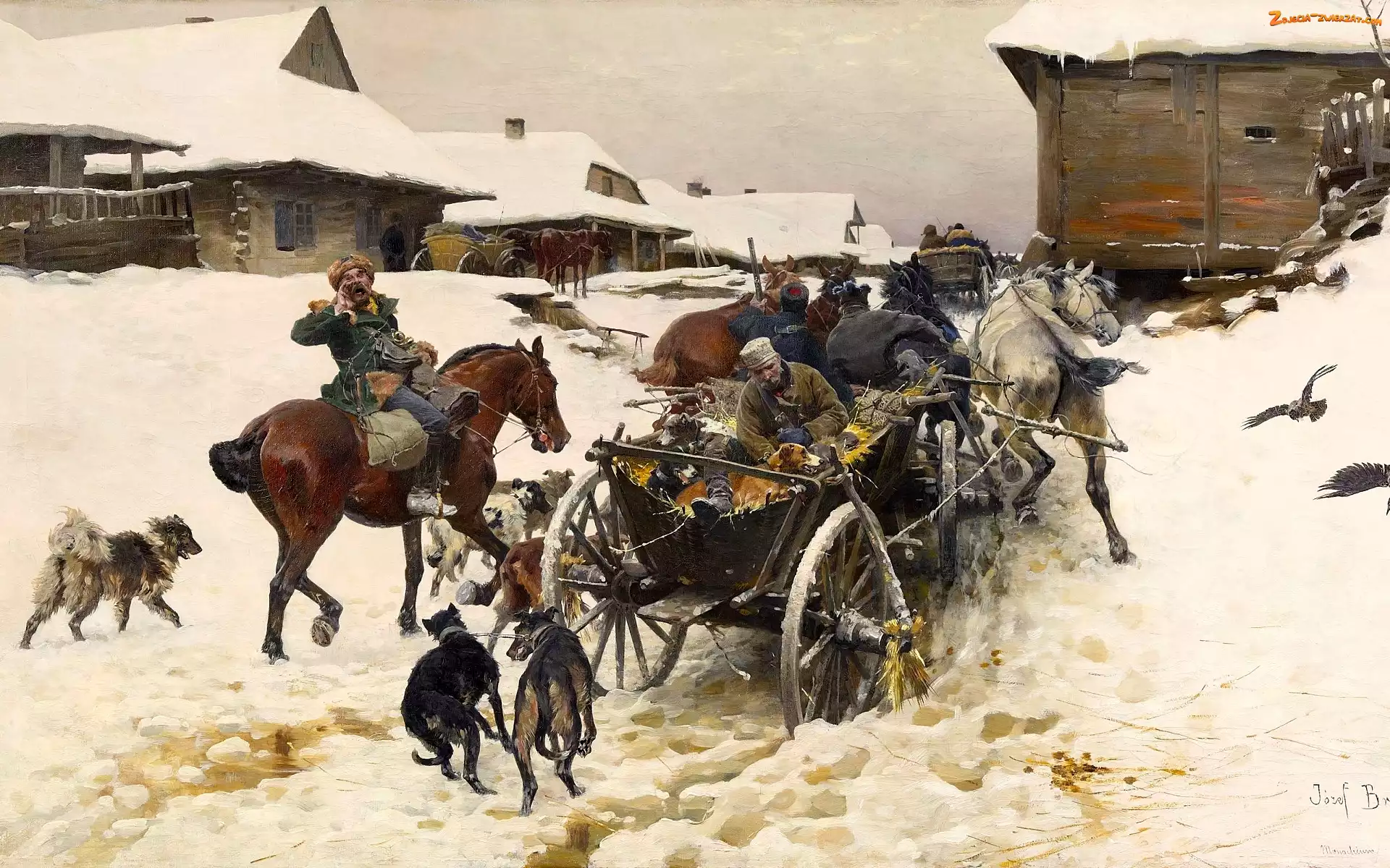 Zima, Domy, Śnieg, Malarstwo, Psy, Konie, Józef Brandt, Obraz, Zaprzęg konny