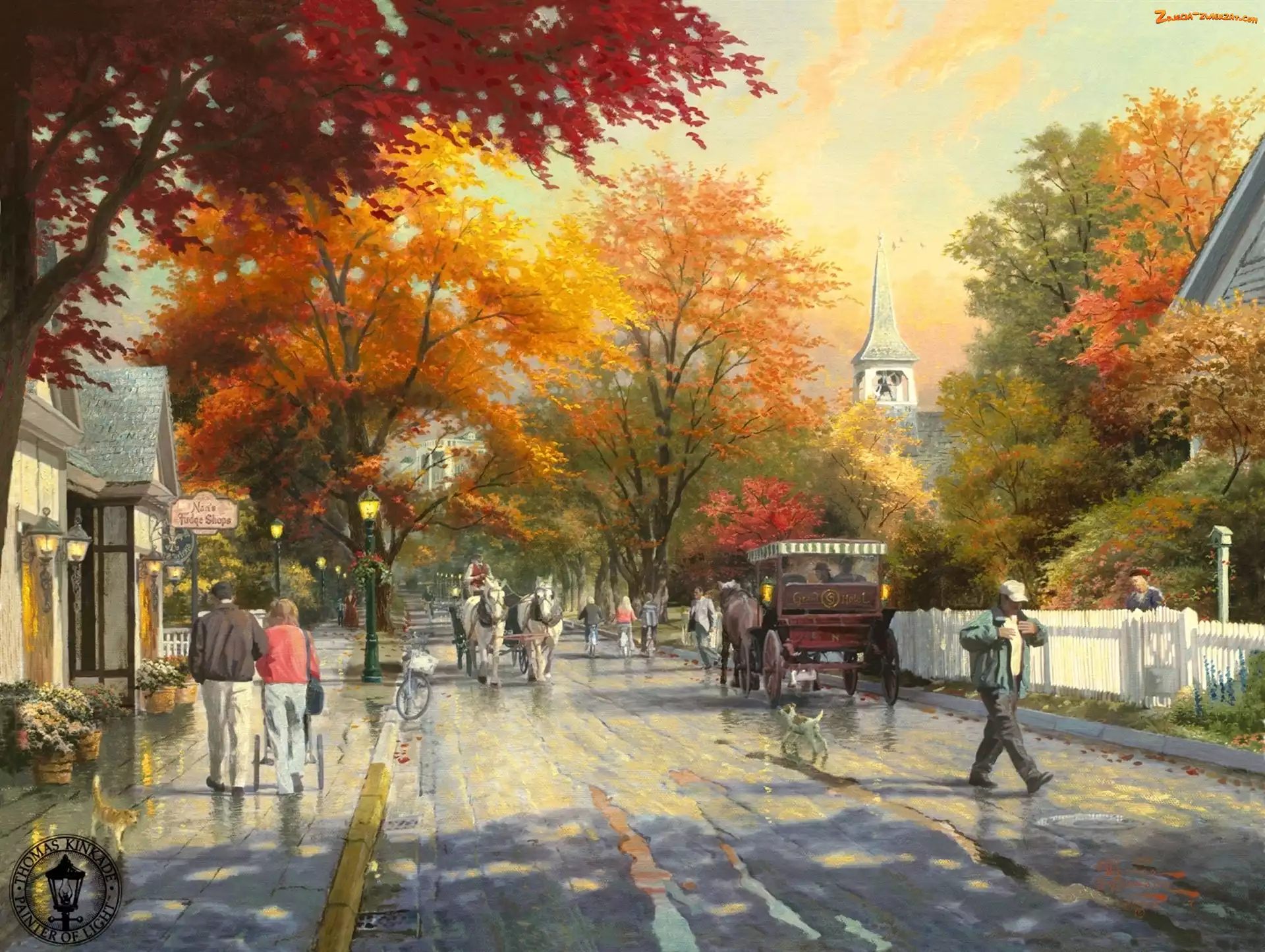 Ulica, Obraz, Przechodnie, Dorożki, Thomas Kinkade, Konie