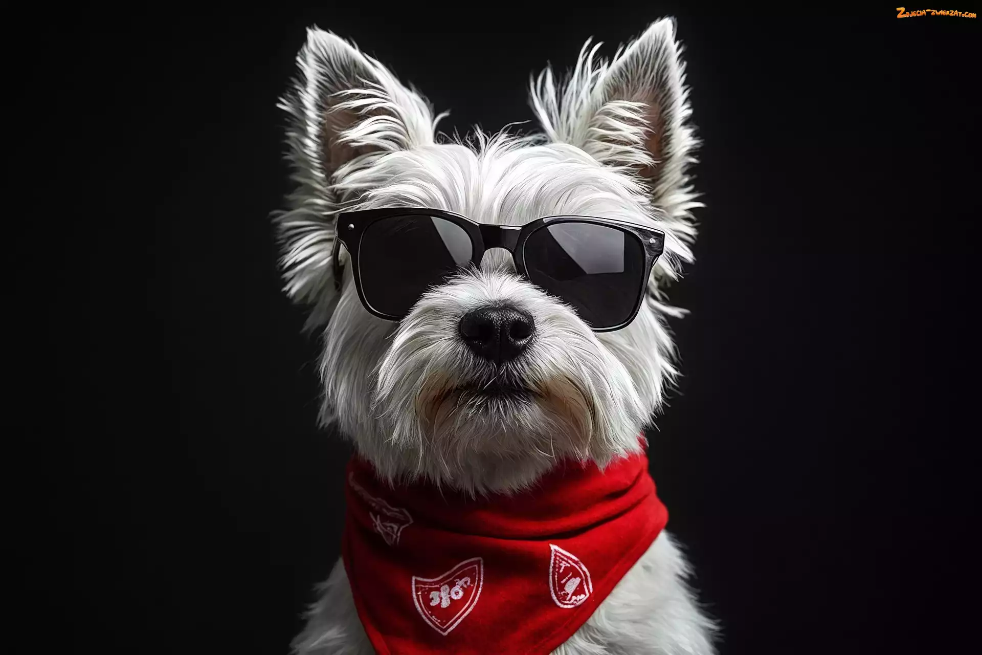 Okulary, Biały, Pies, Czarne, Chustka, West highland white terrier, Czerwona
