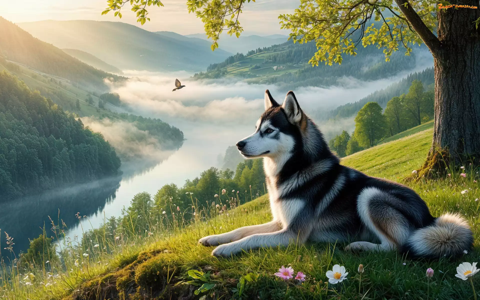 Polana, Drzewo, Pies, Góry, Siberian husky, Wzgórze, Mgła, Rzeka