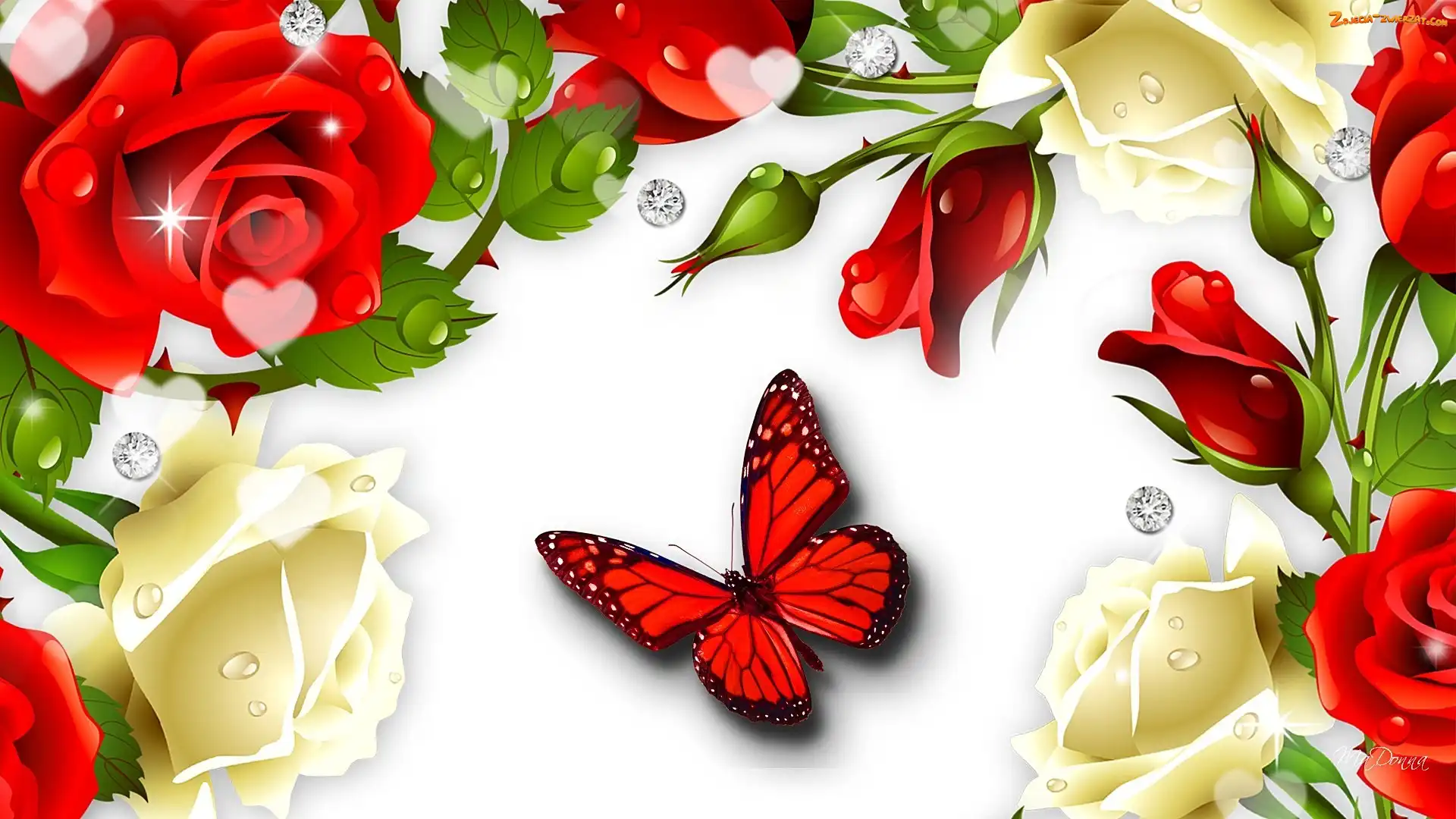 Róże, Art, Kwiaty, Motyl