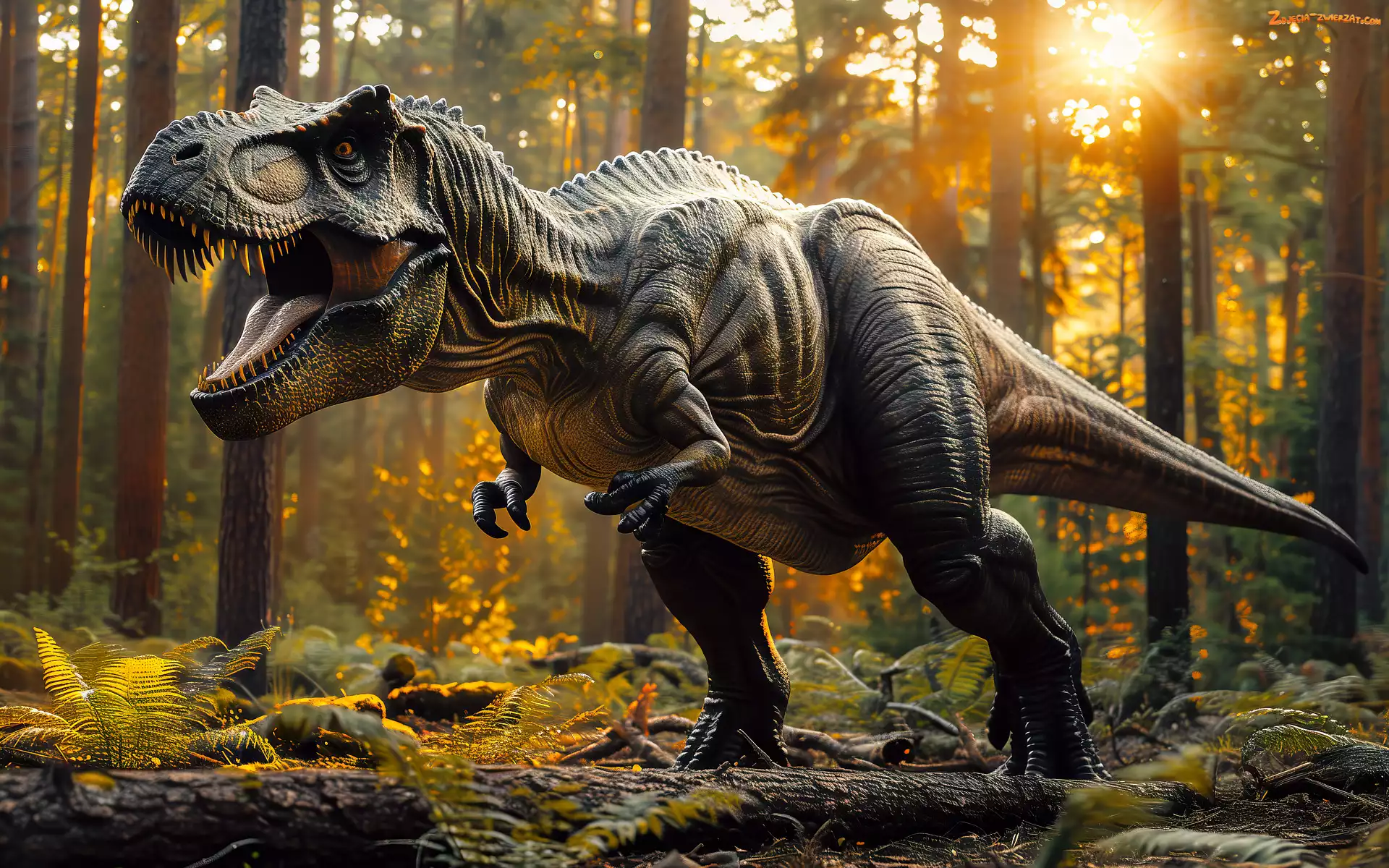 Las, Tyranozaur, Promienie słońca, Grafika, Dinozaur