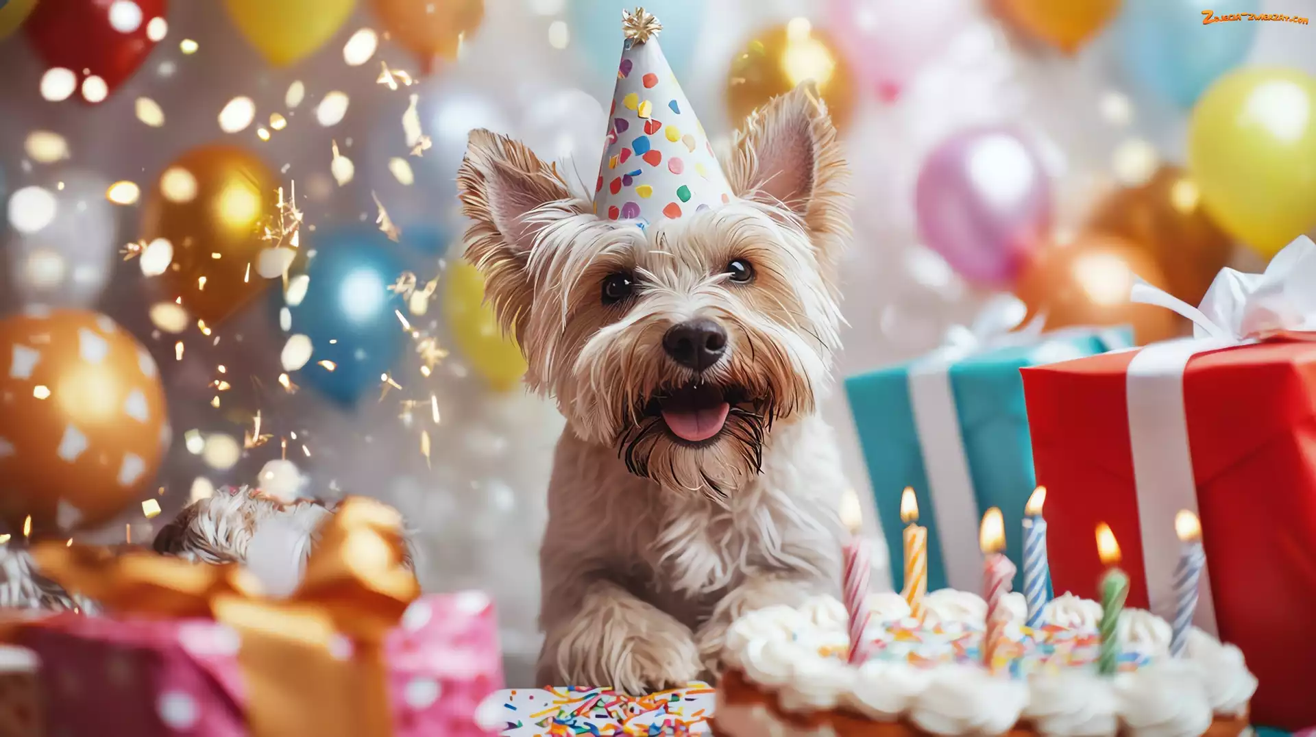Świeczki, Tort, Prezenty, Pies, Urodziny, Yorkshire terrier, Balony, Czapeczka