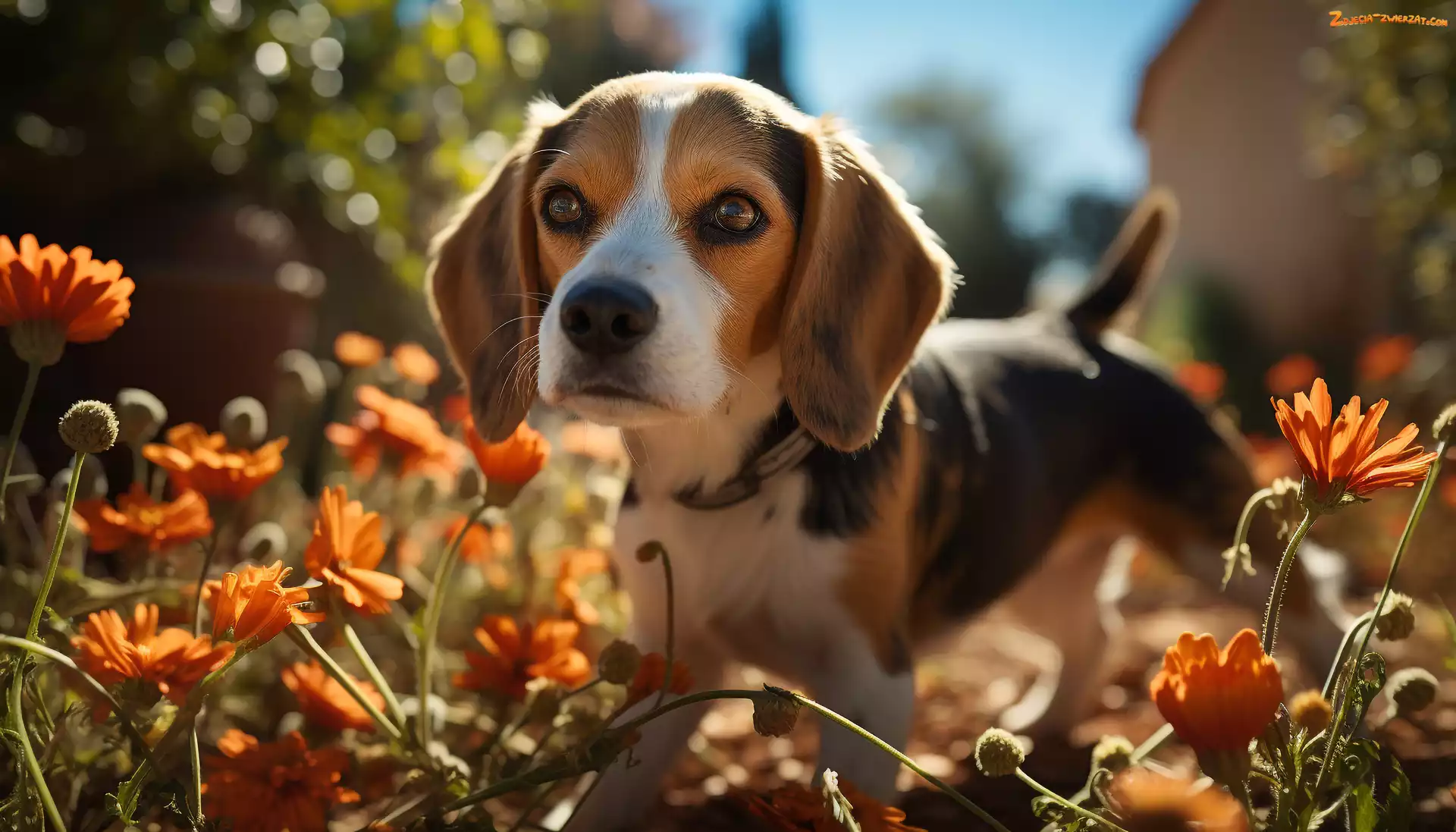 Kwiaty, Szczeniak, Grafika, Beagle, Pies