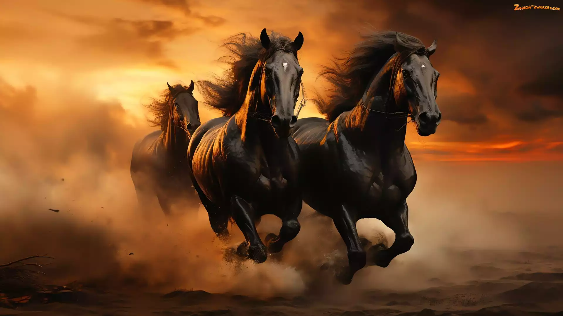 Zachód słońca, Kare, Trzy, Konie, Galop, Kurz