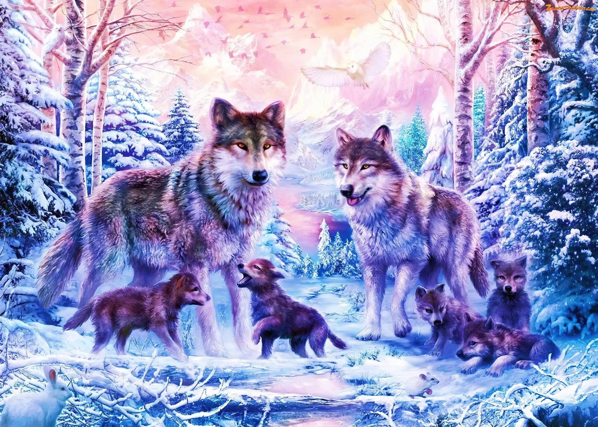 Drzewa, Wilki, Śnieg