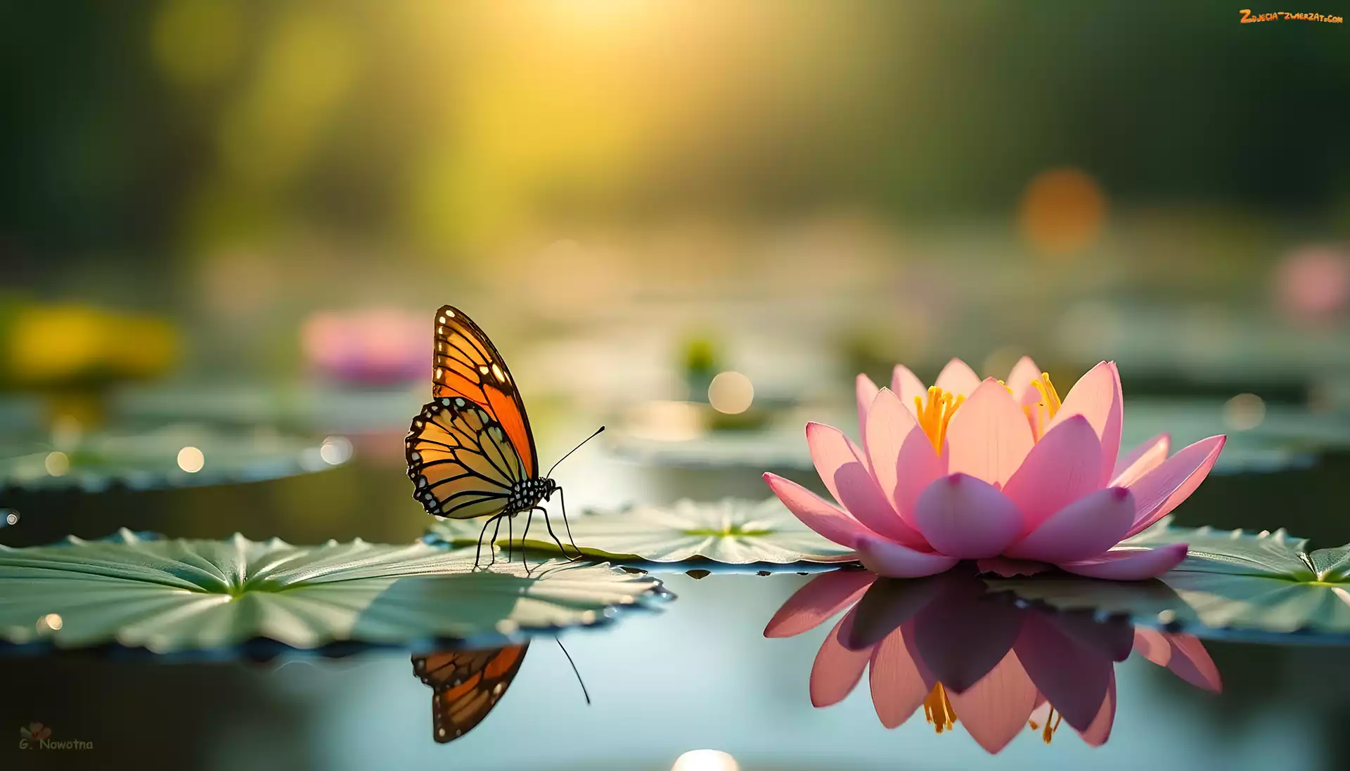 Grafika, Motyl, Lilia Wodna, Różowa, Lilia wodna