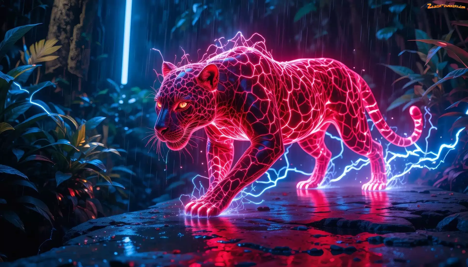 Stąpanie, Dzikie, Kolor, Komputerowa, Oświetlenie, Elektryczny, Zwierzę, Jaguar, Drapieżne, Różowy, Grafika